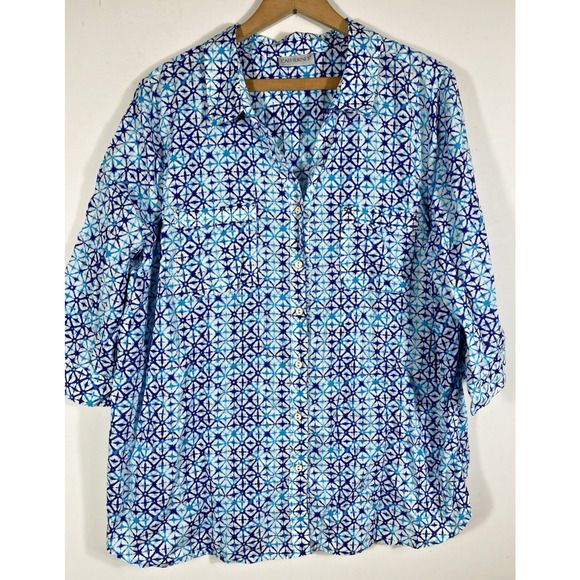 Catherines Top Size 1X Button Up Blue & White Print Coastal Beachy Blouse Mature - Picture 3 of 14